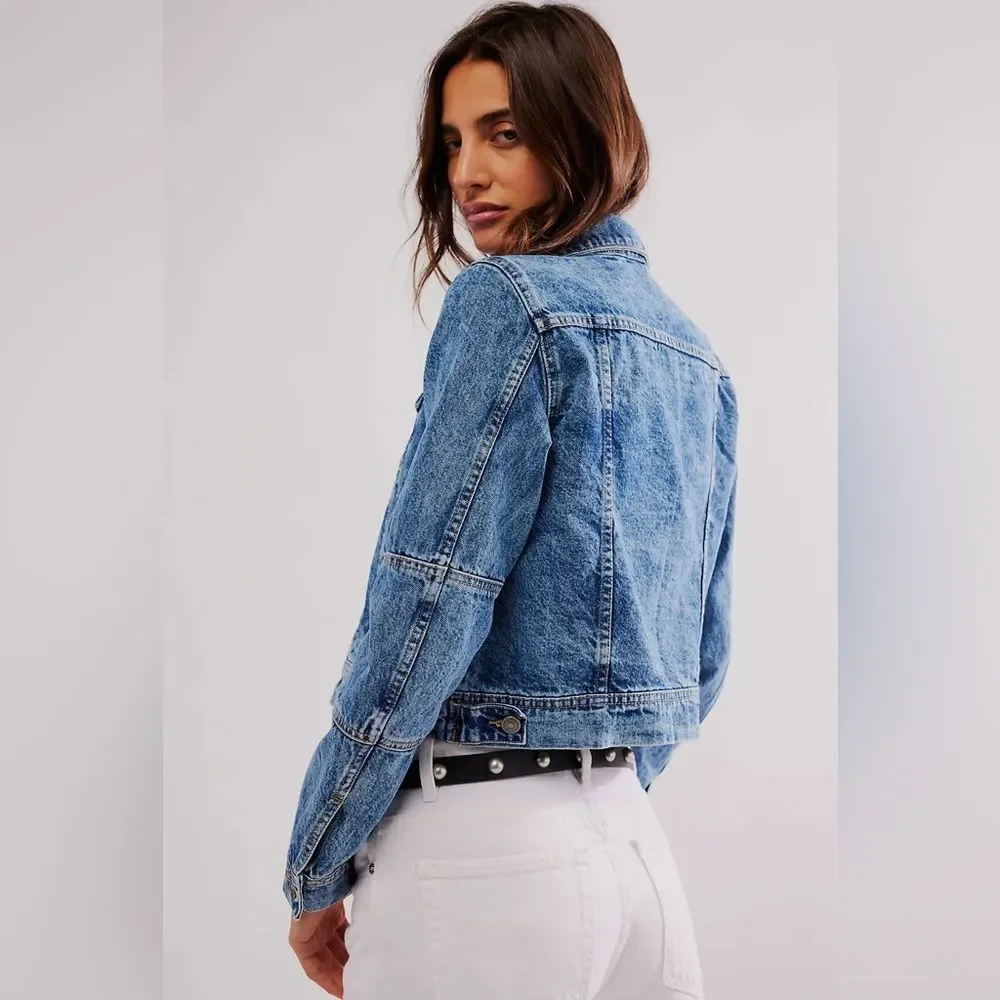 Free People Denim Jacket sz S Boho Western Layering Beach Coastal Preppy - Picture 2 of 16